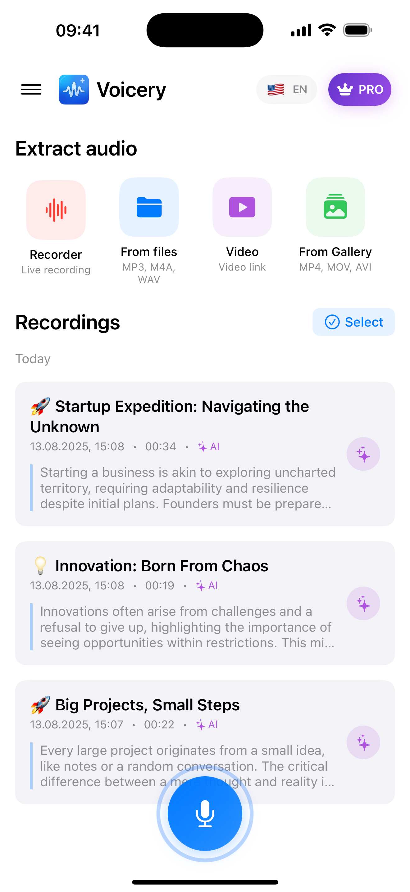 Voicery AI App Main Interface